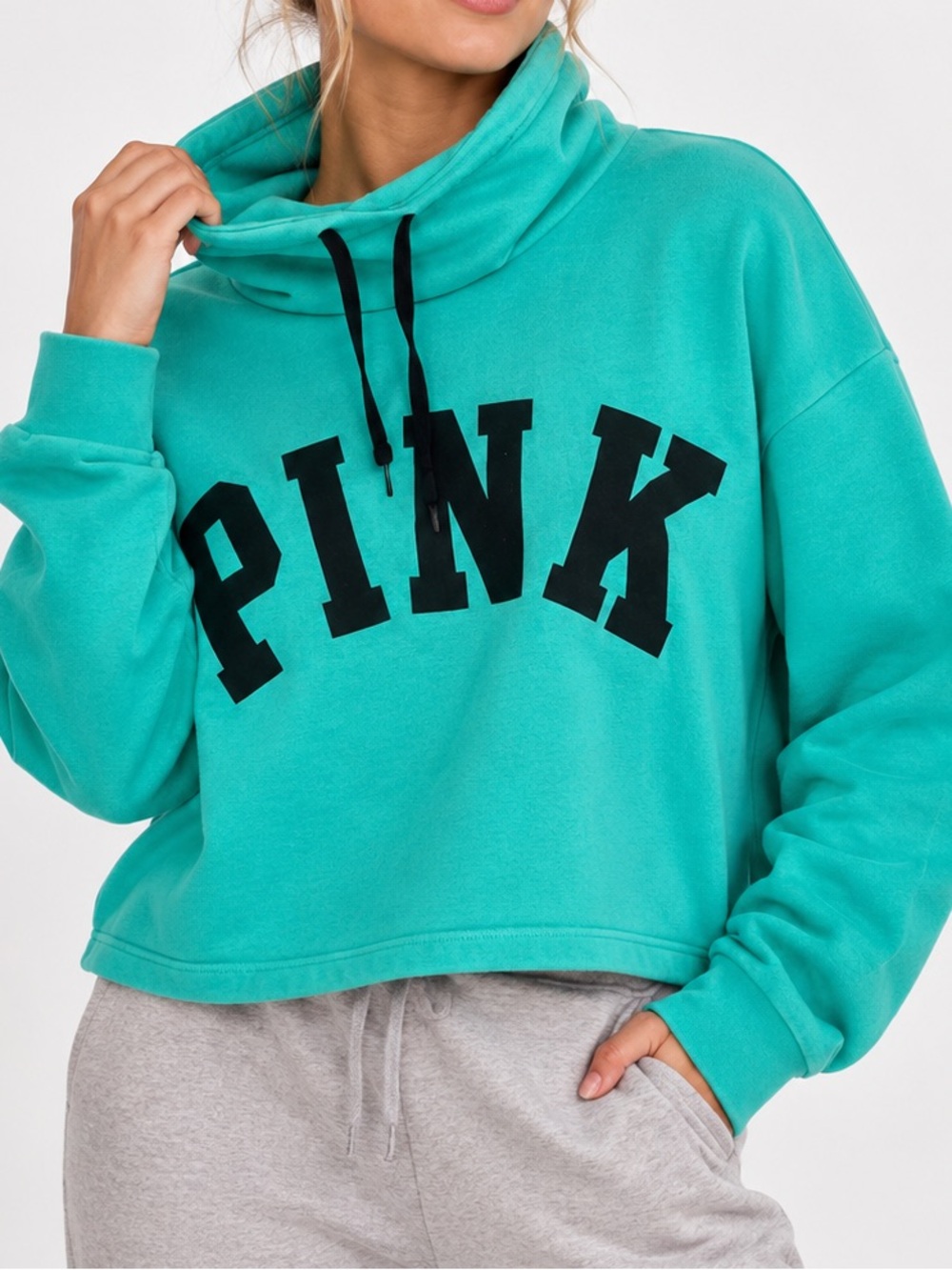Victoria’s Secret PINK Teal Funnel Neck Pullover Sweatshirt Logo Size Large 2017